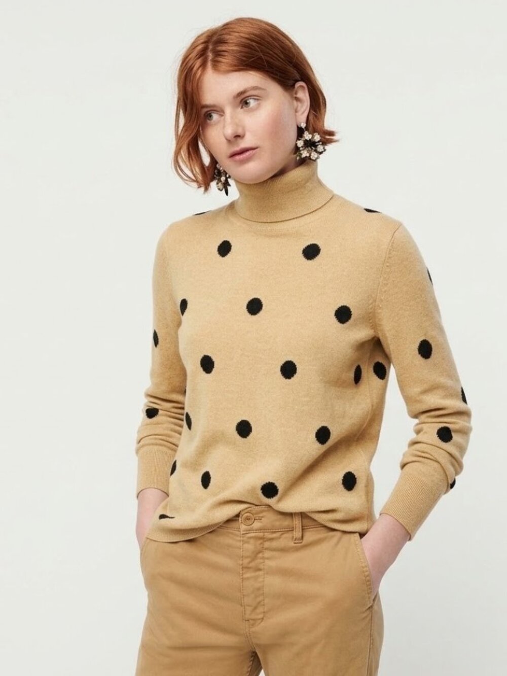 NWT J.Crew Everyday Cashmere Turtleneck Sweater in Heather Camel Polka Dot XL